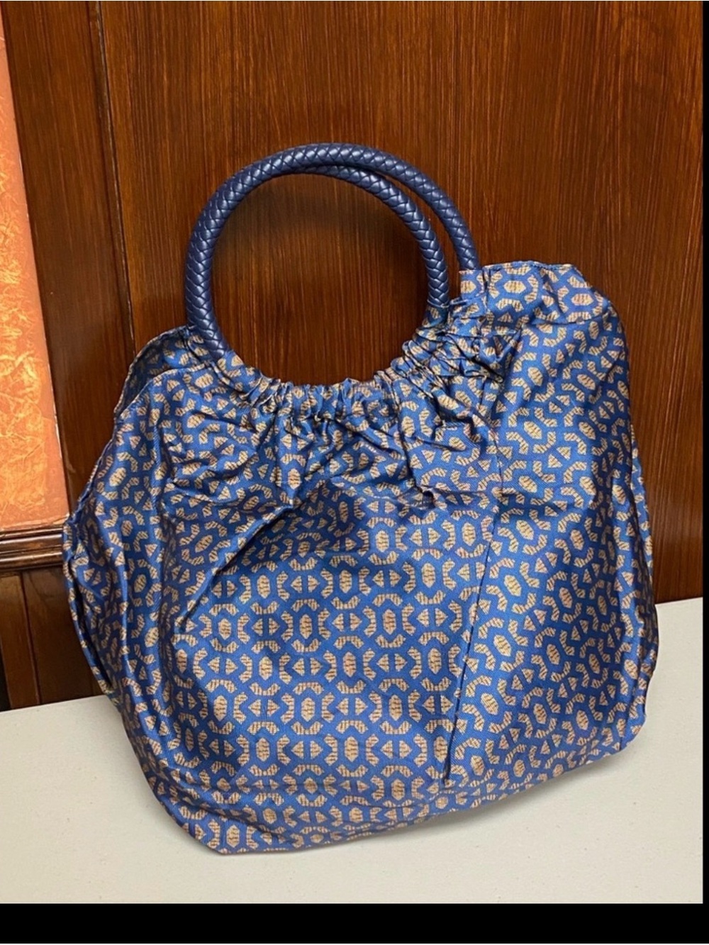 Blue Patterned Round-Handle Women’s Tote Bag